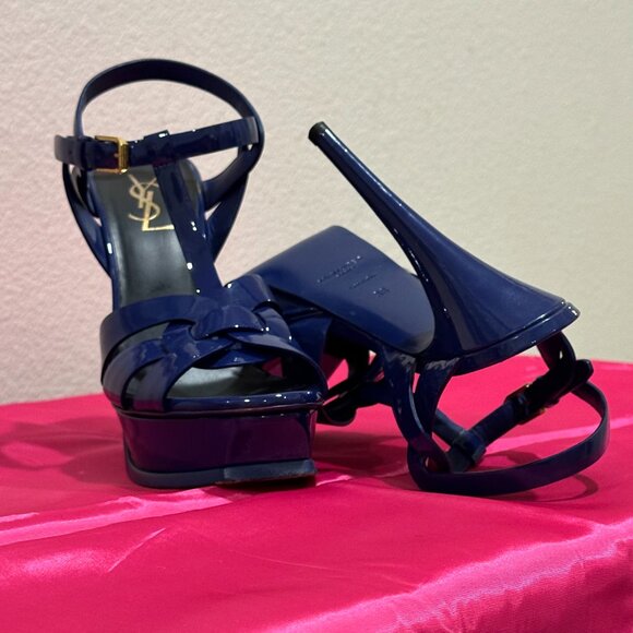 Saint Laurent YSL Tribute Blue Patent Leather Sandals, 38 - Picture 5 of 7